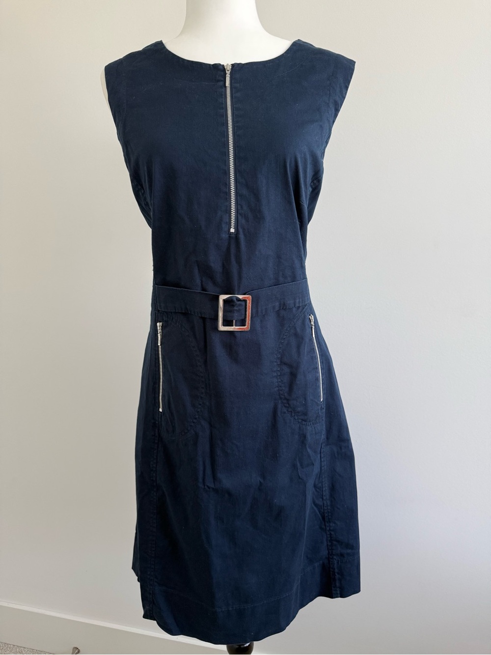 cleo Navy Sleeveless Belted Midi Dress with Front Zip